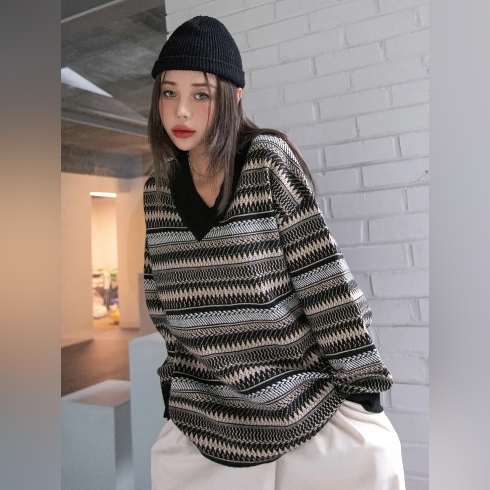 Dazy Chevron & Stripe Pattern Drop Shoulder Sweater